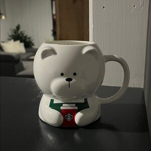 Starbucks White Bear Mug with Red Cup and Green Sweater Accent